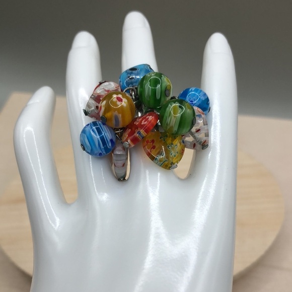 Millefiori Art Glass Bead Cluster Ring Murano Style Boho Statement Size - Picture 3 of 5